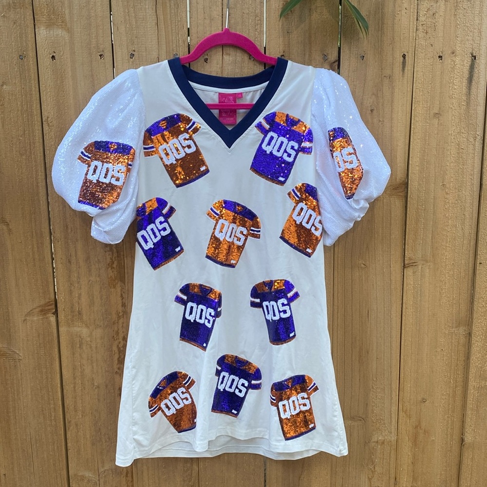 Queen of Sparkles Clemson Gameday Football Jersey Tshirt Dress XS Orange Purple